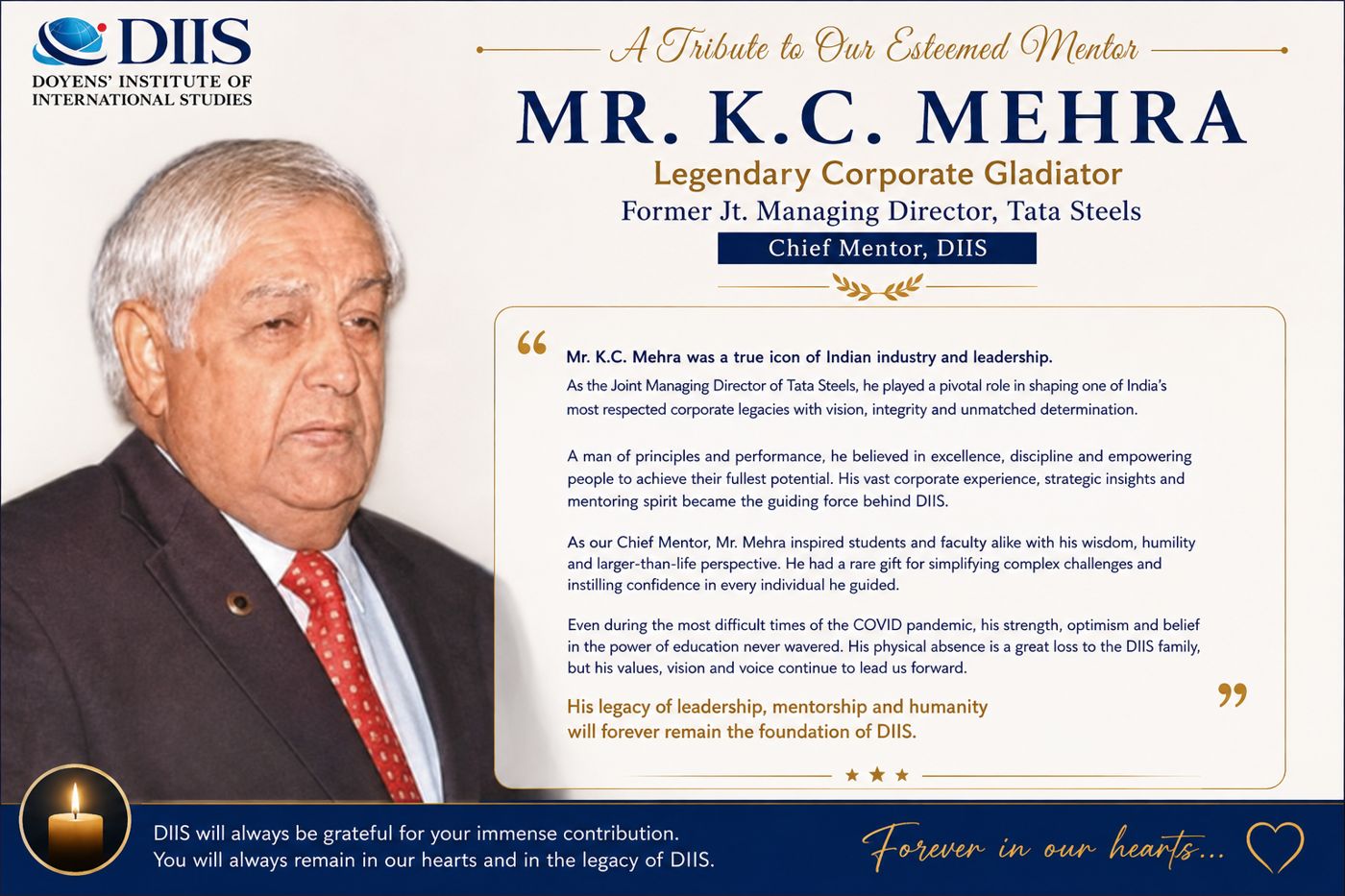 Tribute to Mr. K.C. Mehra, former Chief Mentor of DIIS and Joint Managing Director of Tata Steels